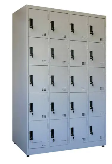 Tủ locker 20 ngăn được sử dụng tại văn phòng hiện đại giúp nhân viên cất giữ đồ đạc gọn gàng